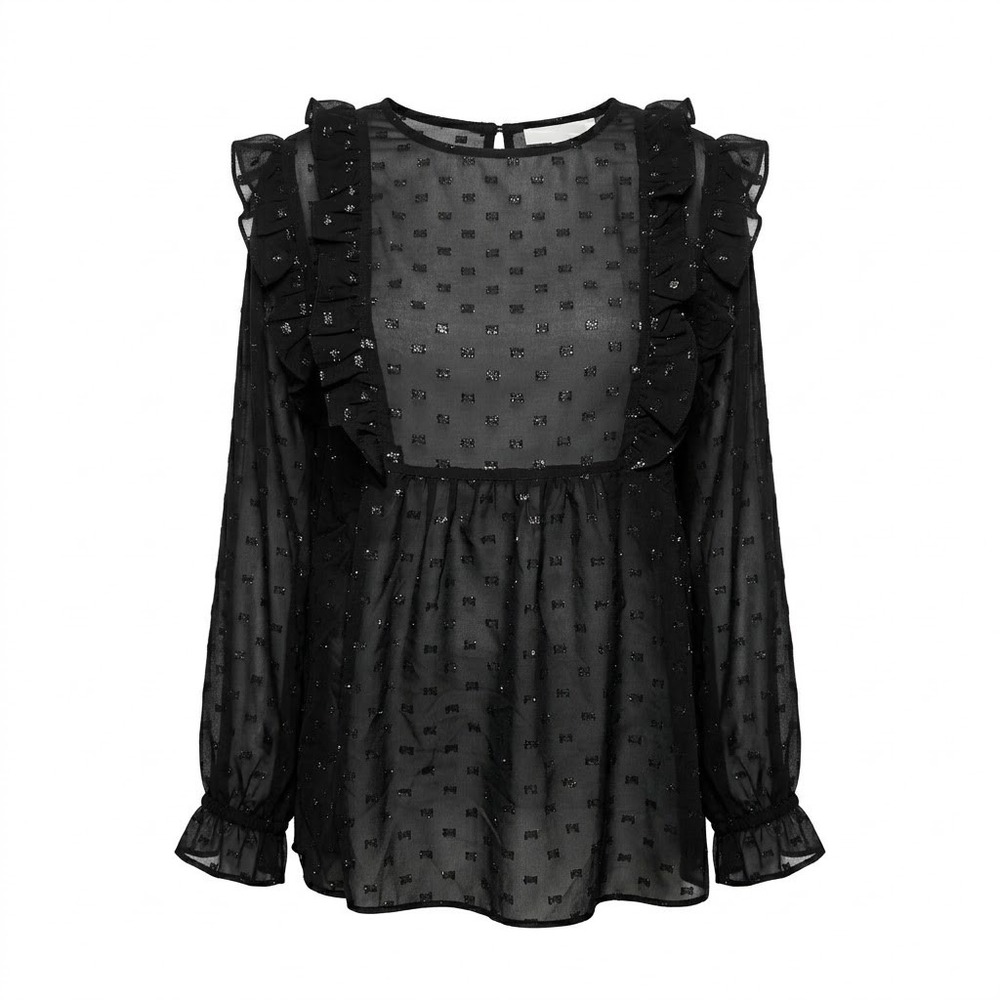 NEW‎ Ella Moon Women's LARGE Black Metallic Clip Dot Ruffle Chiffon Blouse Top